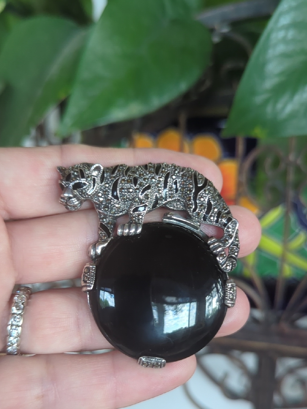 Vintage Marcasite 925 Sterling Silver Tiger set with Black Onyx Cabochon Brooch